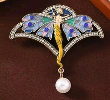 Vintage Art Nouveau Fairy Brooch Pin Enamel Fairy Nymph