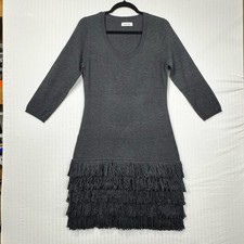 Calvin Klein Elegant Gray Knit Fringe Mini Dress Women’s Size Medium Scoop Neck