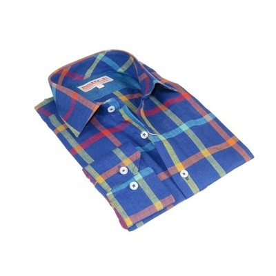 Men Linen Sports Shirt By INSERCH English Plaid European 2905 Blue Multi Checker