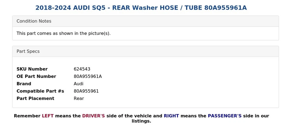 2018-2024 AUDI SQ5 - REAR Washer HOSE / TUBE 80A955961A Foto 4 de 4