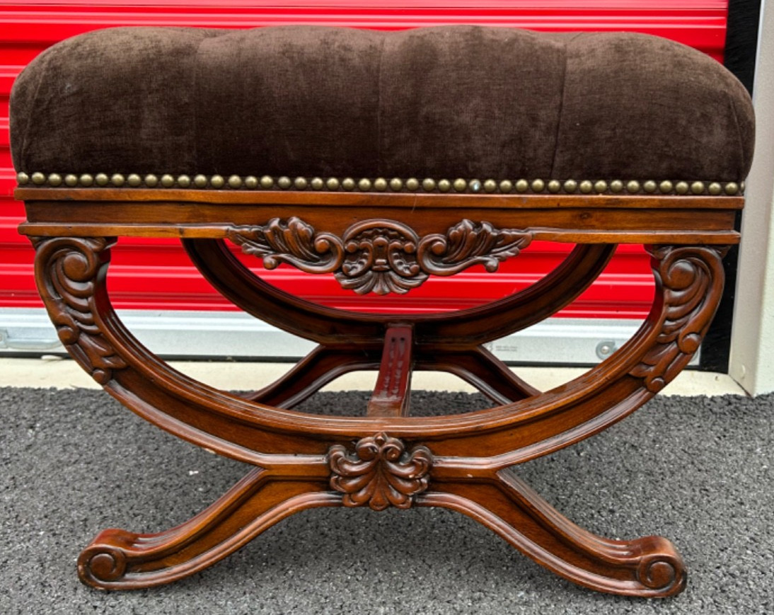 Designer Frontgate Eliza Mahogany Tufted X Base Vanity Stool Bench Seat Ottoman