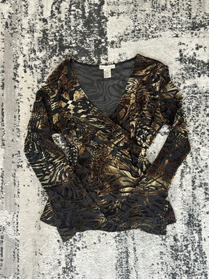 Susan Lawrence Women's M Leopard Animal Print V-Neck Long Sleeve Burnout Top