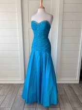 2000s Prom Dress Mori Lee Mermaid Aqua Rhinestone Corset Back Y2K 