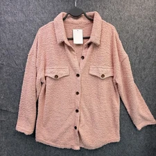 Women's Pink Small Button Front Fuzzy Polyester Shirt Jacket