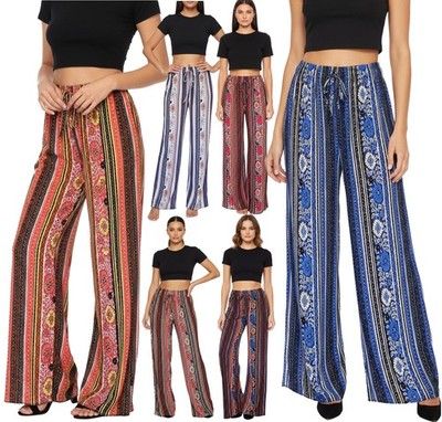 Women's Ethic Flower Aztec Palazzo Wide Leg Causal Summer Pants Lightweight Pant