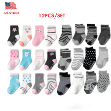 12 Pairs Kids Non-Slip Socks Animal Heart Star Striped Floor Socks 0-7 Years
