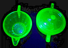 Akro Agate Large Interior Panel Trans Green Creamer  Sugar W/Lid-Glows Blk Lite