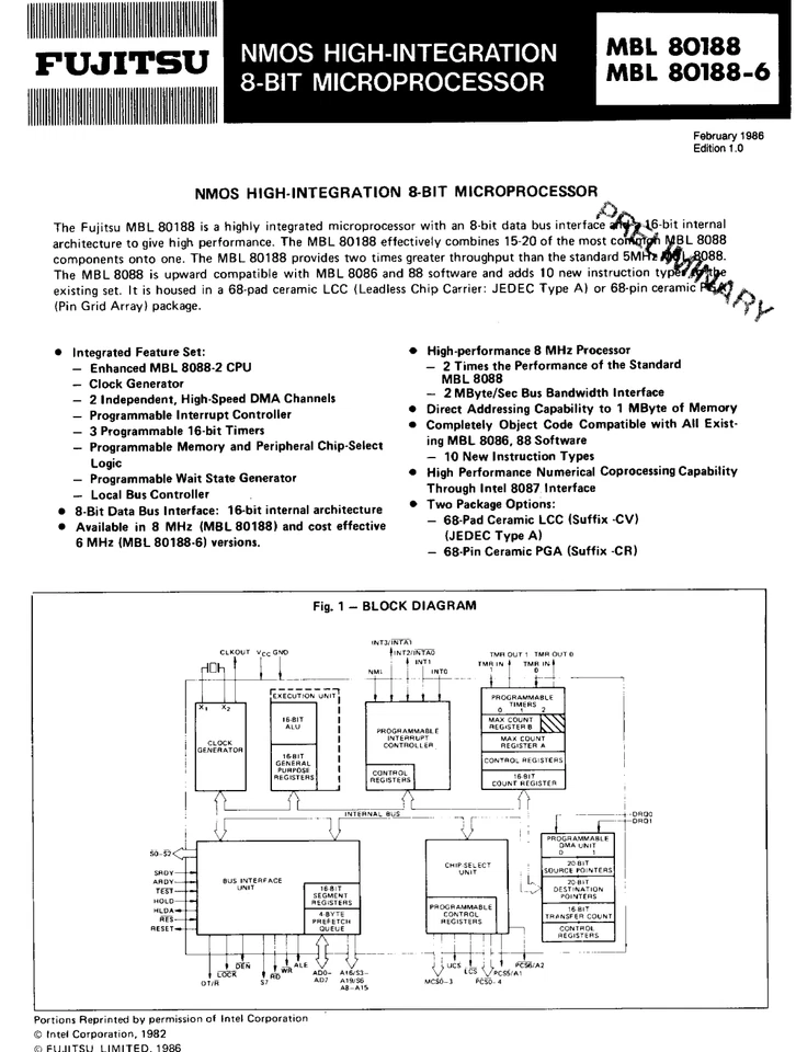 MBL80188 80188 FUJITSU 8-Bit Ceramic Microprocessor IC 8MHz MPU 68-Pad Gold - Image 2 of 3