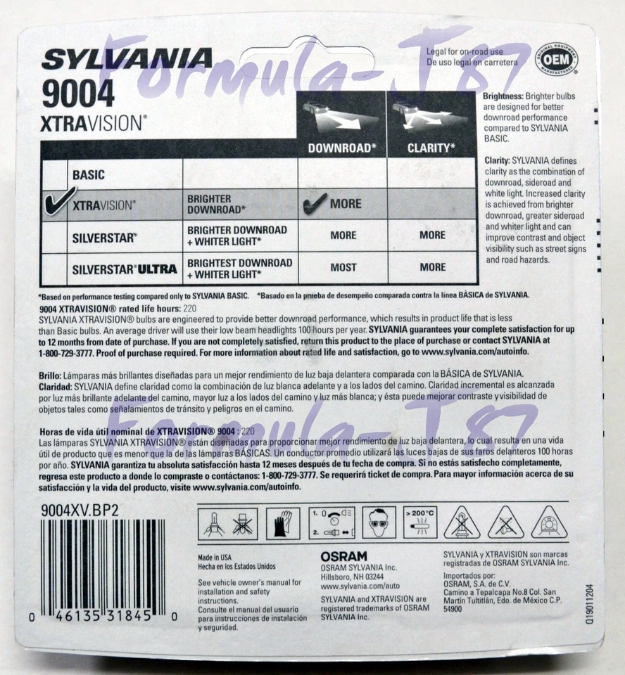 Sylvania Xtra Vision 9004 HB1 65/45W Dos Bombillas Cabeza Luz Repuesto Lámpara de Stock Foto 3 de 4