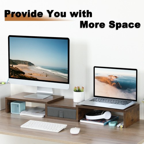 Dual Monitor Stand Riser with Drawer Organizer 37 inch Corner Desk Shelf Brown - Picture 4 of 7