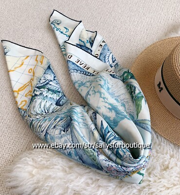 ''Map Star'' Print 18 Momme Twill Silk Wrap Scarf Double Face Square Shawl 35''*35''