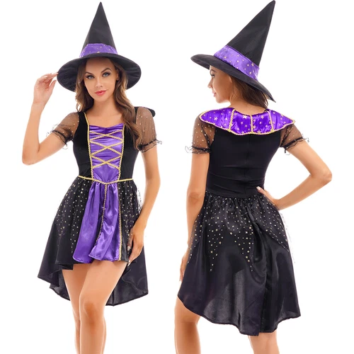 Women's Halloween Wicked Witch Theme Cosplay Costume Outfit Purple Classic Dress - Imagen 3 de 45