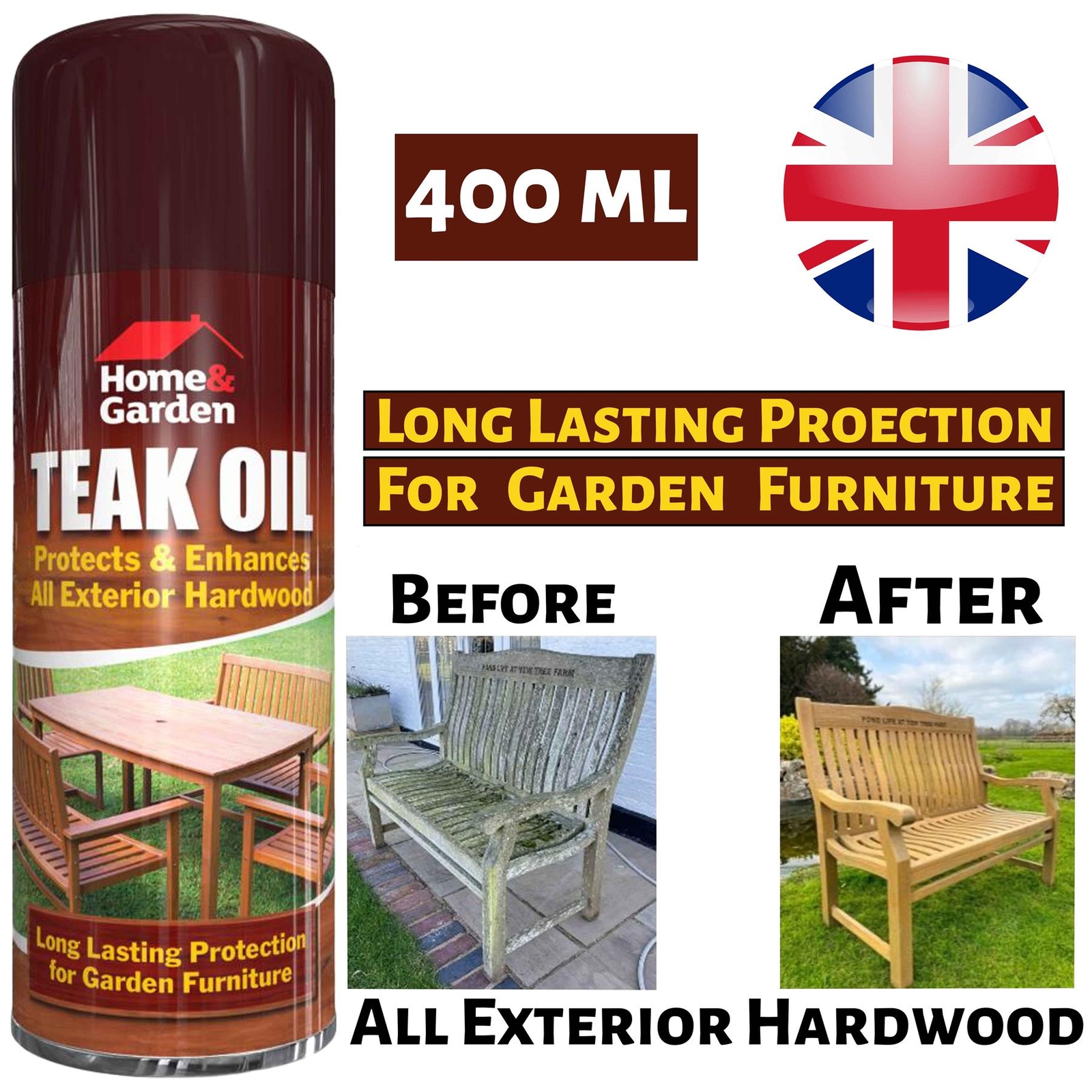 Teak Oil Spray 400ml Garden Furniture Hardwood Decking Protection Care