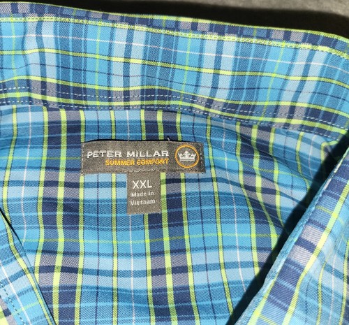 Peter Millar Vestito Camicia Uomo 2XL Plaid Verde Blu Navy Nylon Misto Spandex! - Foto 7 di 13