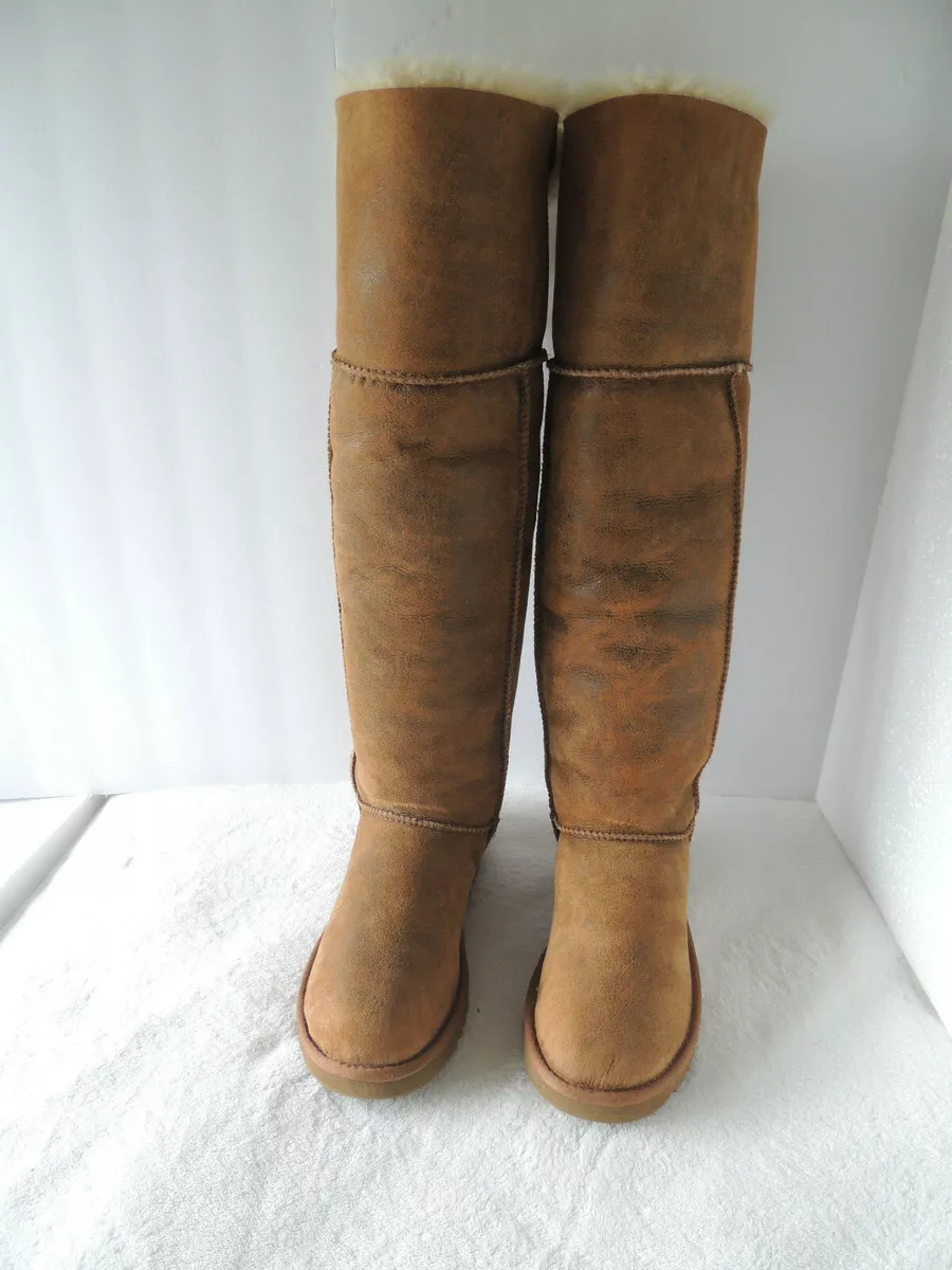 UGG OVER THE KNEE BAILEY BUTTON BOMBER JACKET CHESTNUT BOOTS SZ 7