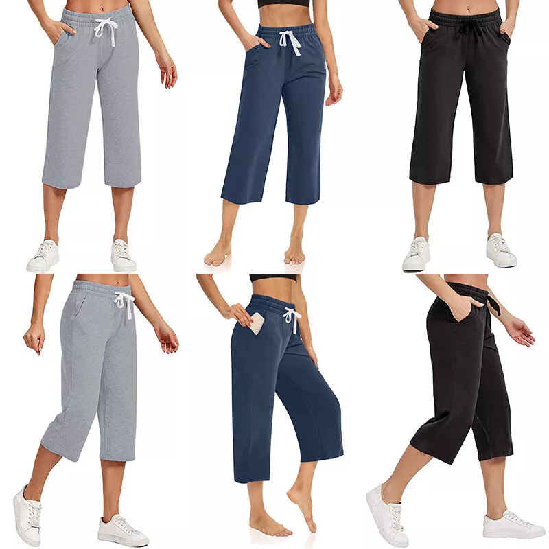 Women Capri Pants Casual Loose Joggers Wide Leg Crop Drawstring Yoga  Sweatpants^