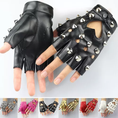 Women Faux Leather Fingerless Gloves Gothic Half Finger Stud Rivet Punk Gloves-- - Picture 13 of 29