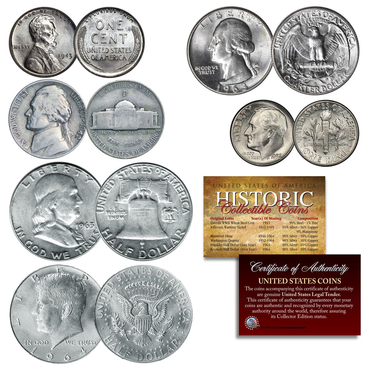 Original Old U.S. Silver Coins 6 Coin Set of Historic