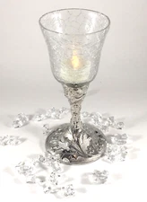 Lenox 7" Tealight Holder Crackle Glass Silver Toned Holly Base Christmas Holiday