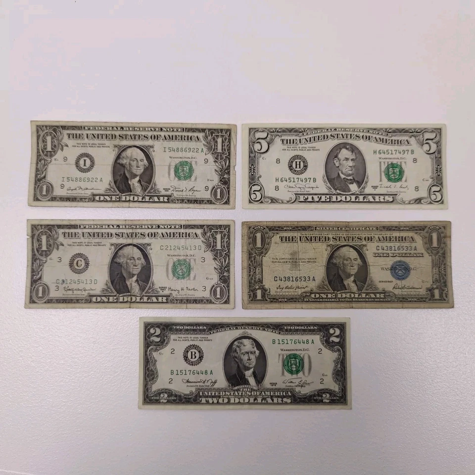 1988 5 dollar bill 1957 silver blue seal banknote 1963 $1 1977 one 1976 $2 note - Image 2 of 4