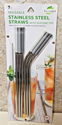 Biosmart Reusable Stainless Steel Straws w/Silicone Tips 6 plus 1 cleaning brush