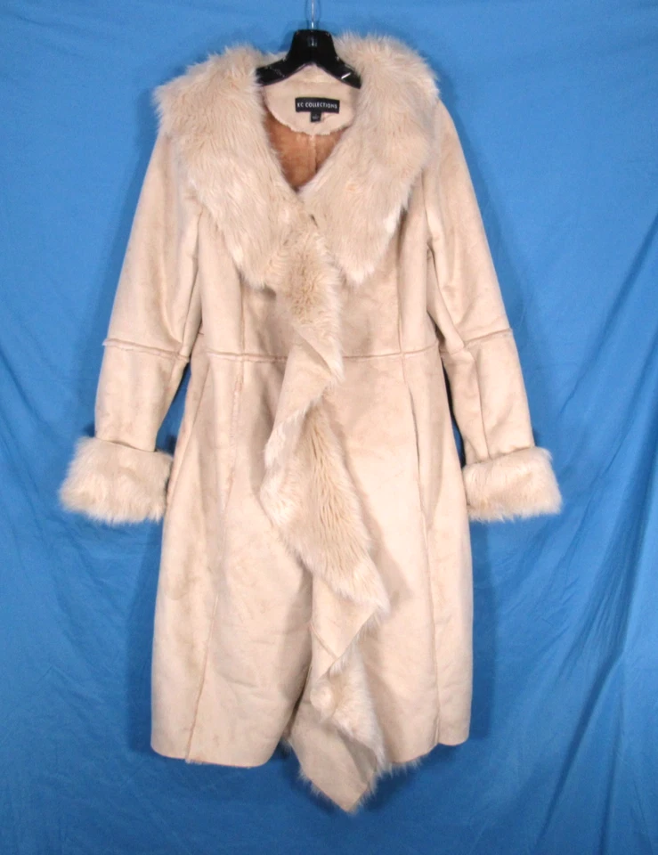KC COLLECTIONS Beige FAUX SUEDE/FUR Hook-Eye Closer LARGE COLLAR Drape JACKET S - Image 2 of 4