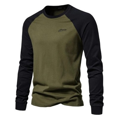 Men's T-shirts 100% Cotton Long Sleeve O-neck Pactwork Casual T Shirts