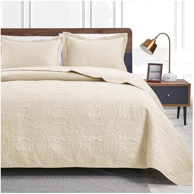 Lightweight Beige Bedspread Set - Modern Coin Pattern Quilt