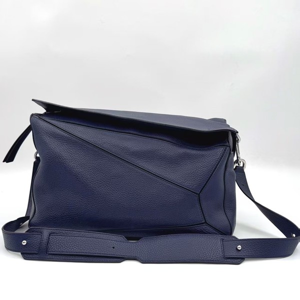 Authentic Loewe Puzzle XL Navy Blue Grained Calfskin Shoulder Bag Silver Hardwar