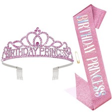 Pink Princess Crown and Sash Set, Birthday Tiara for Women, Girls Rhinestone ...