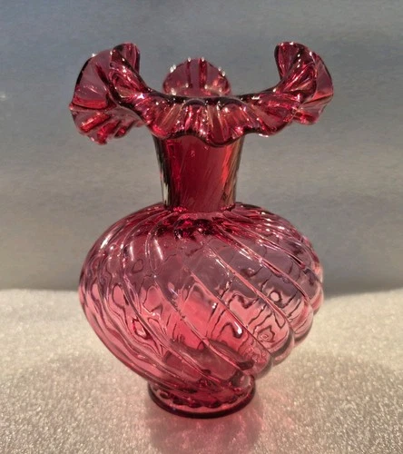 Fenton Optic Swirl Cranberry  Ruffled Edge Vase ( Signed )