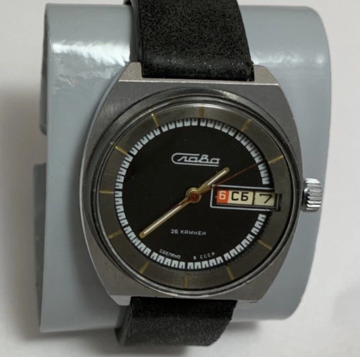 Reloj Pulsera Hombre Vintage Slava URSS Negro con Dos Calendarios 26 Joyas Regalo Foto 2 de 4