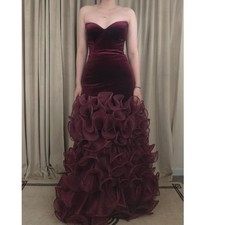 Vintage Jovani Strapless Velvet Burgundy Ruffle Mermaid Evening Gown Prom Dress