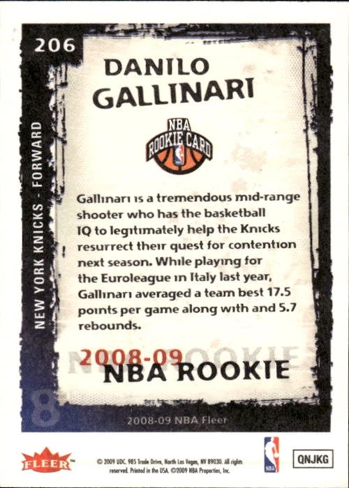 2008-09 Fleer Danilo Gallinari #206 New York Knicks 20I - Image 2 of 2
