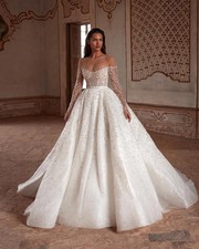 Dresses Illusion Neck Wedding Dresses Beads Pearls Sequins Designer Bridal Gowns