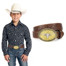 Kids Western Belt for Boys Girls, Embossed fit waist size 23"-26" A Bull-coffee