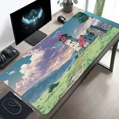 A Large Gaming Mouse Pad Featuring an Anime-Style Old Tower And a Serene Lands