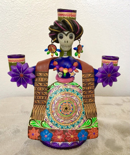 Mexican Folk Art Day Of The Dead Frida Candle Holder Signed Saul Montesinos