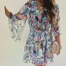 Women's Multicolor Floral Chiffon Wrap Dress V-Neck Belted Ruffle 3XS