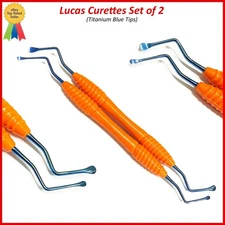 Dental Lucas Curettes Set of 2 Surgical Bone Curettes Serrated Blue Coated Tips