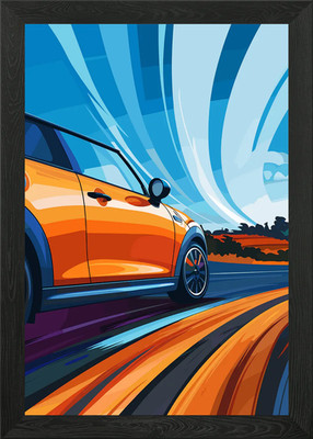 Orange Mini Cooper Speeding Gerahmtes Wandbild Poster Leinwanddruck Bild