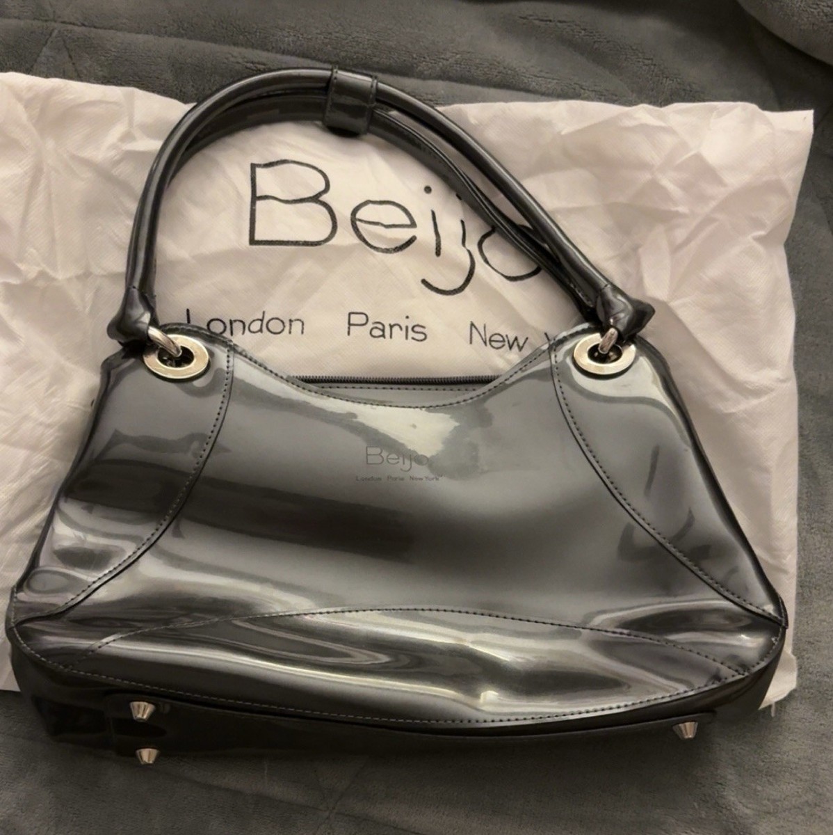 Vintage Y2K Beijo Black Patent Leather Shoulder Bag Silver Grommet 