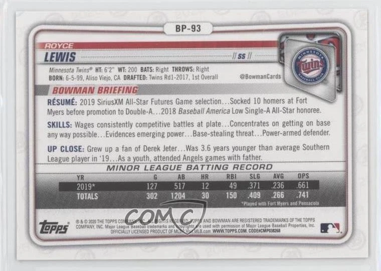 2020 Bowman Prospects Gold /50 Royce Lewis #BP-93 - Image 2 of 2