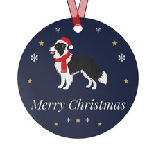 Border Collie Christmas Ornament Round Metal Santa Hat Dog Ornament