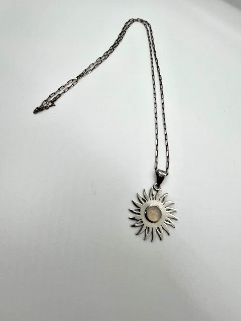 Colgante Sol Taxco México TF-89 Plata de Ley Cara Tallada Piedra Lunar Cadena 24" Foto 3 de 4