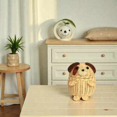 Dog Rattan Storage Basket Decor Hand Woven Shelf Organizer Gift Wicker Puppy Art