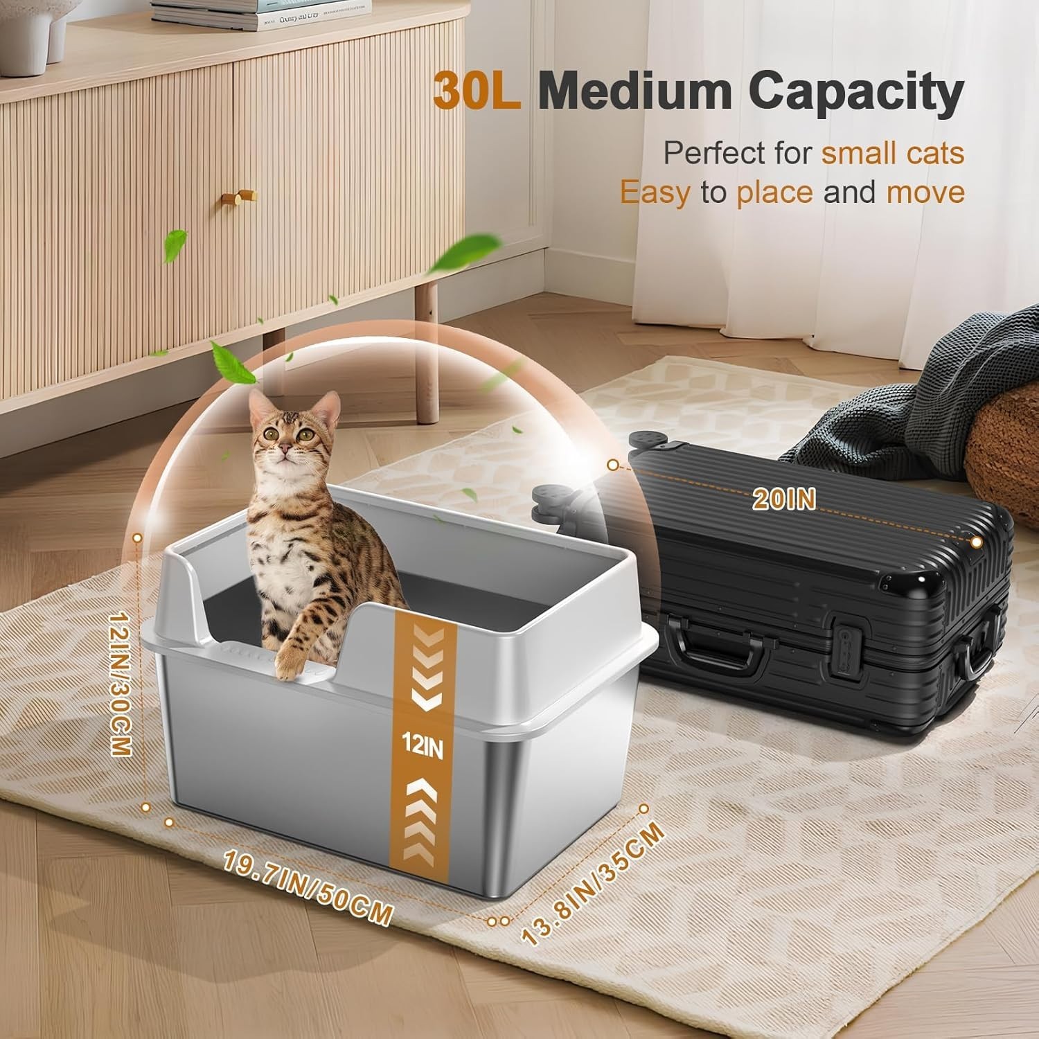 Stainless Steel Cat Litter Box with Lid, High Sided Sifting Box, Includes Scoop