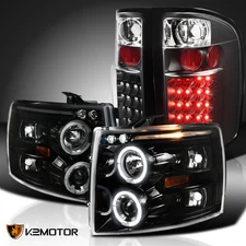 Fits 2007-2014 Chevy Silverado 1500 Black Projector Headlights+LED Tail Lamps