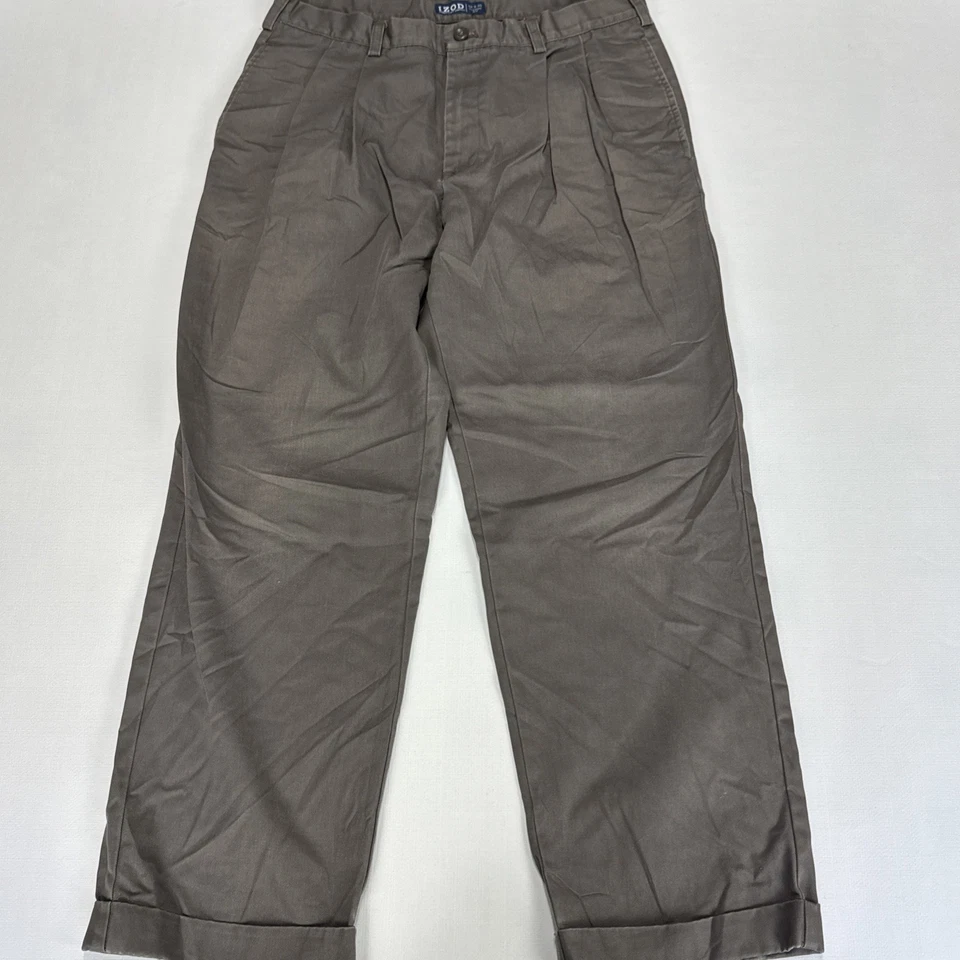 Pantalones chinos IZOD Khakis vintage para hombre W34 L30 marrón sarga de algodón preppy clásicos Foto 3 de 4