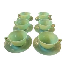VINTAGE FIRE KING JADEITE JANE RAY CUP  SAUCER SET OF 6 No Chips